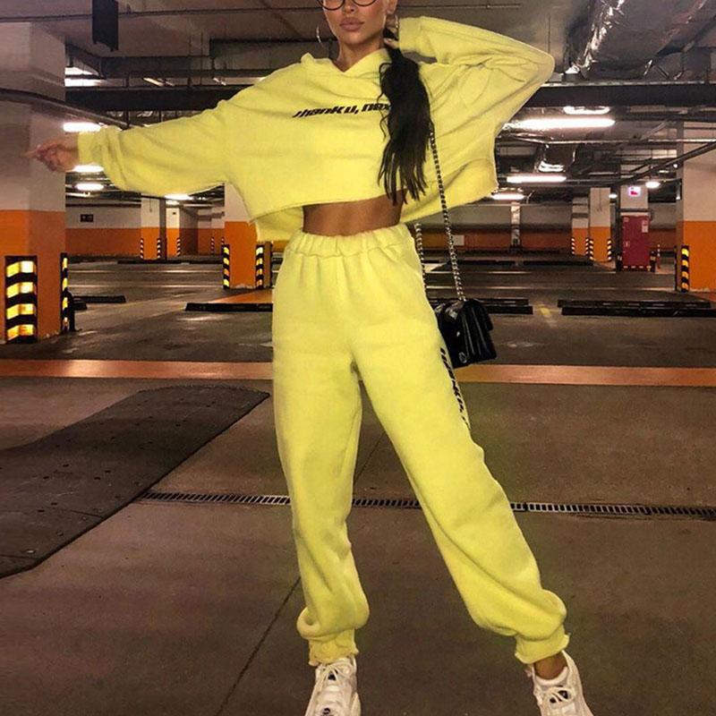 Yellow letter printing playsuit Long sleeve hooded casual two