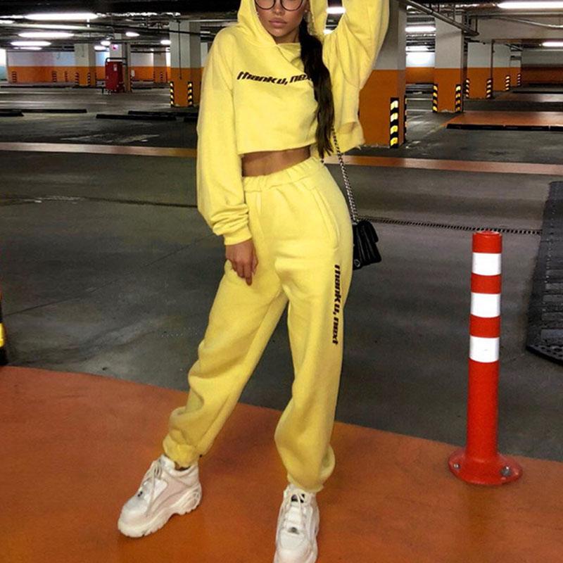 Yellow letter printing playsuit Long sleeve hooded casual two
