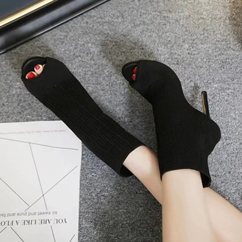 Green Knitting Elastic Womens Sock Ankle Boots Open Toe High Heels