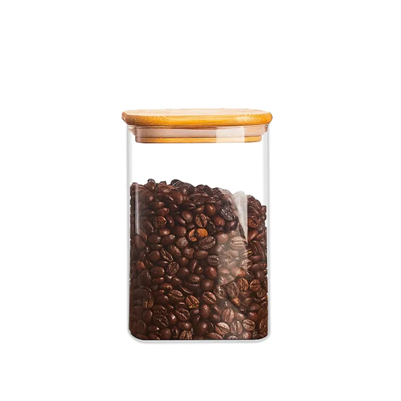 Square Glass Storage Jars with Bamboo Lid for Coffee Beans Grains