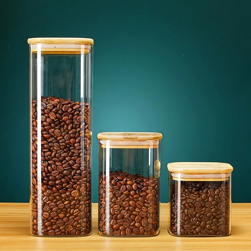 Square Glass Storage Jars with Bamboo Lid for Coffee Beans Grains