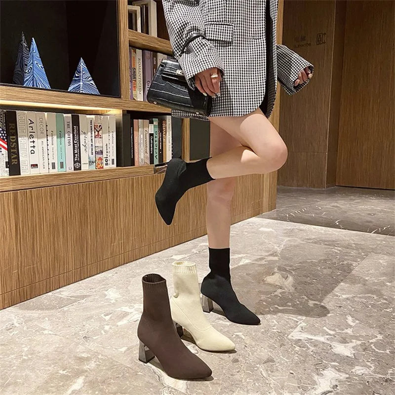 Thin boots high heels short boots elastic knitted socks boots