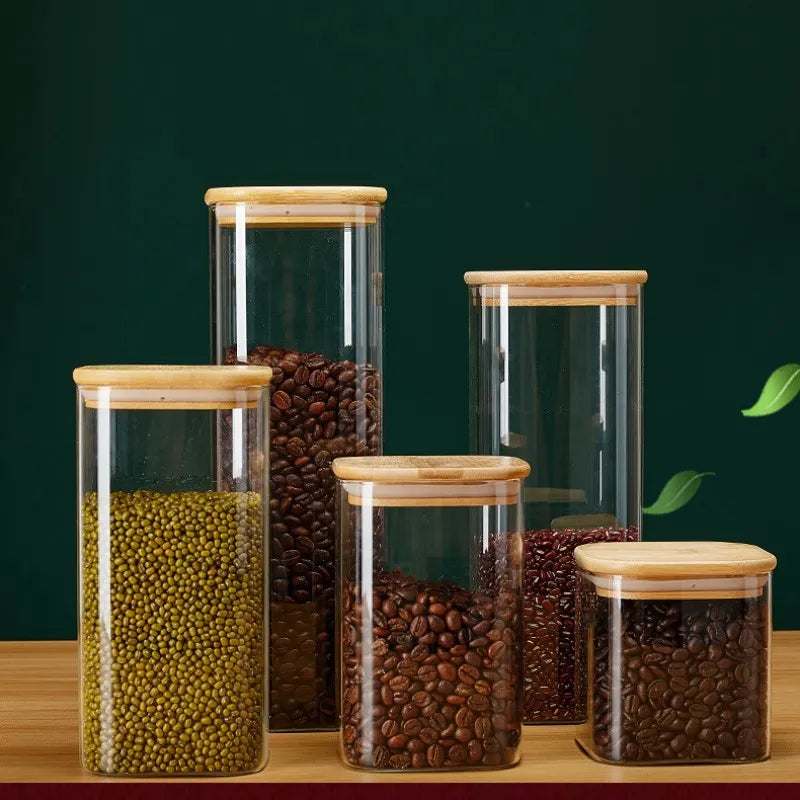 Square Glass Storage Jars with Bamboo Lid for Coffee Beans Grains