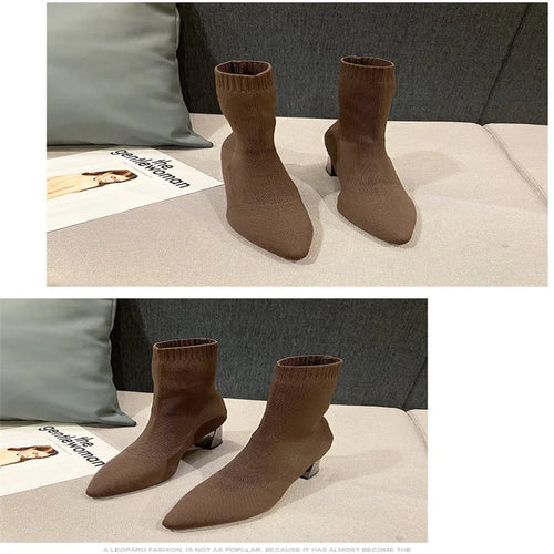 Thin boots high heels short boots elastic knitted socks boots