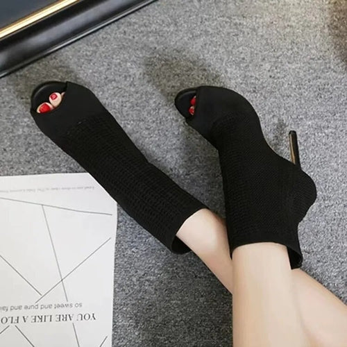 Green Knitting Elastic Womens Sock Ankle Boots Open Toe High Heels
