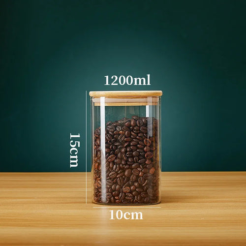 Square Glass Storage Jars with Bamboo Lid for Coffee Beans Grains