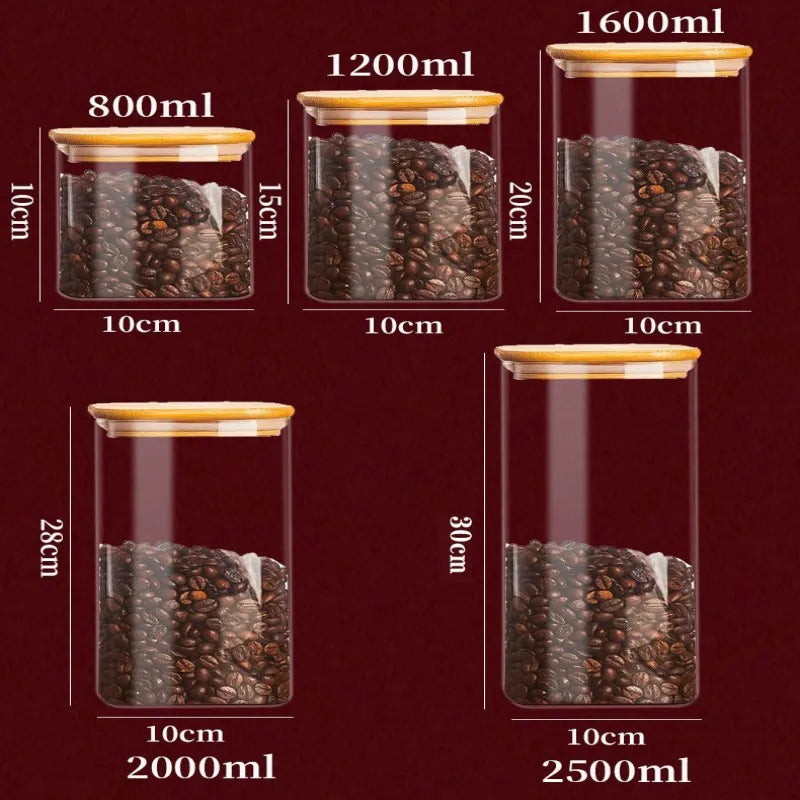 Square Glass Storage Jars with Bamboo Lid for Coffee Beans Grains