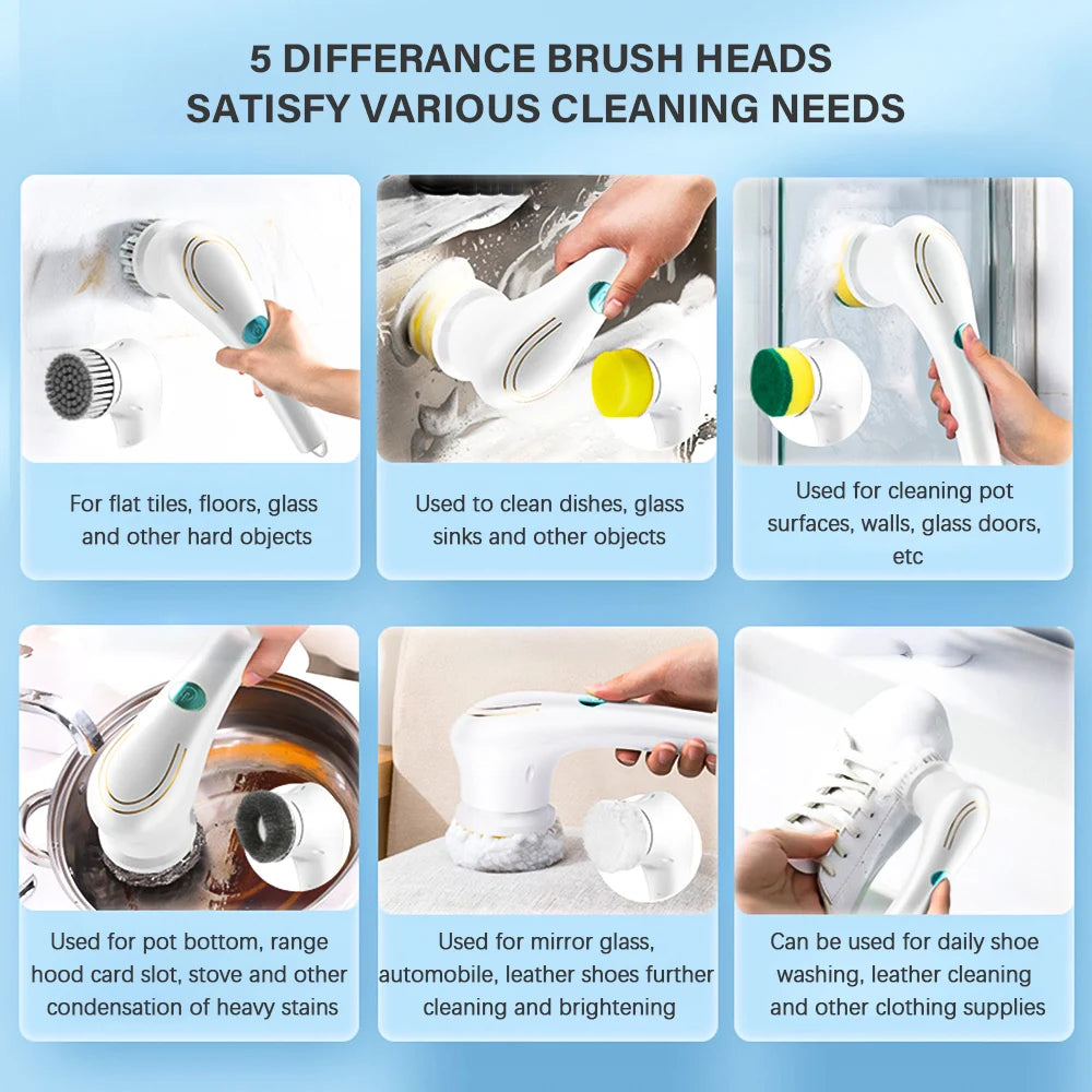 Electric Spin Cleaning Brush with 5 PCS Heads Cordless Portable Scrub
