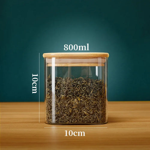 Square Glass Storage Jars with Bamboo Lid for Coffee Beans Grains
