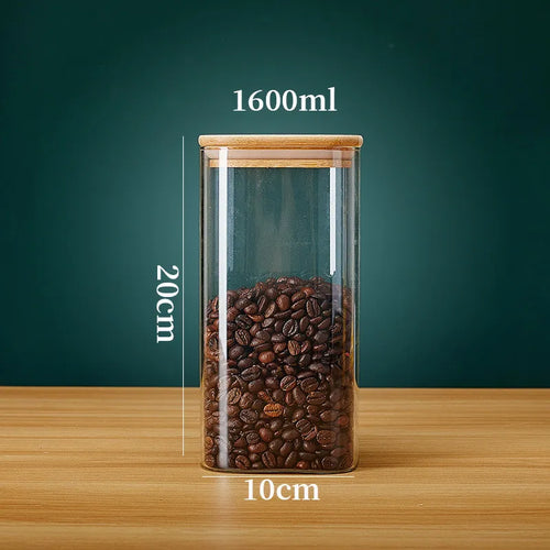 Square Glass Storage Jars with Bamboo Lid for Coffee Beans Grains