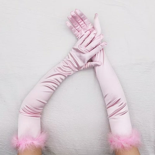 Sexy 53cm Elastic Full Finger Long Silk Satin Dance Party Cuff Feather