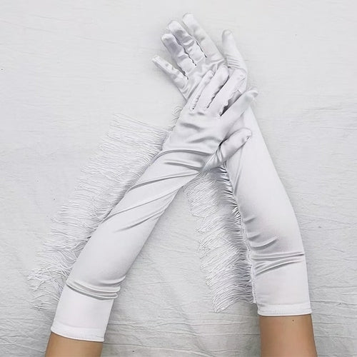 Sexy 53cm Elastic Full Finger Long Silk Satin Dance Party Cuff Feather