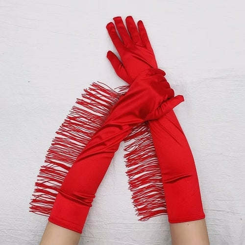 Sexy 53cm Elastic Full Finger Long Silk Satin Dance Party Cuff Feather