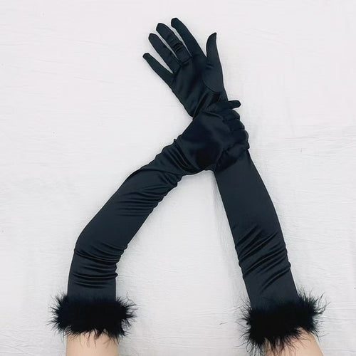 Sexy 53cm Elastic Full Finger Long Silk Satin Dance Party Cuff Feather