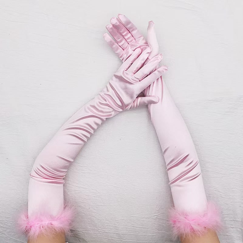 Sexy 53cm Elastic Full Finger Long Silk Satin Dance Party Cuff Feather