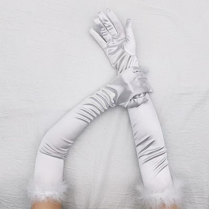 Sexy 53cm Elastic Full Finger Long Silk Satin Dance Party Cuff Feather