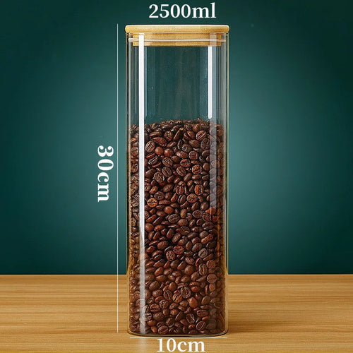 Square Glass Storage Jars with Bamboo Lid for Coffee Beans Grains