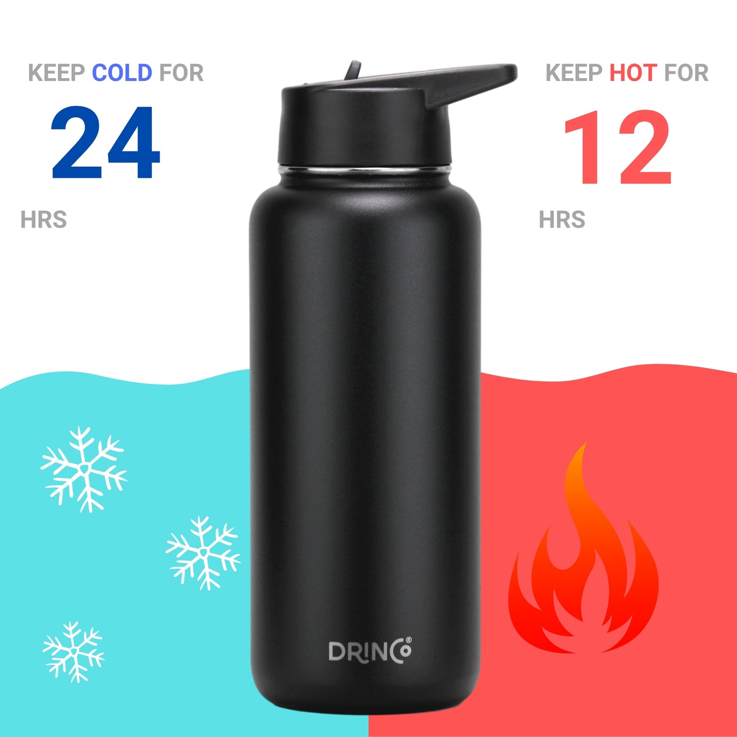 DRINCO® 32oz Stainless Steel Water Bottle (3 lids) - Black