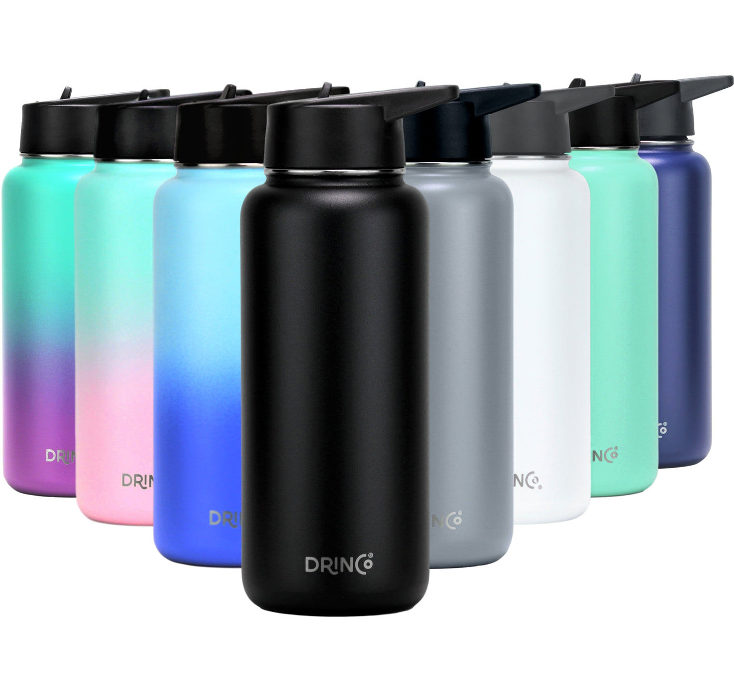 DRINCO® 32oz Stainless Steel Water Bottle (3 lids) - Black