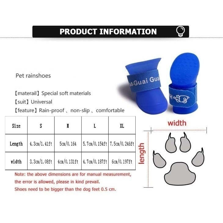 4pc/set Pet Dog Rain Shoes Anti Slip Waterproof Cat Shoe Rubber Boots