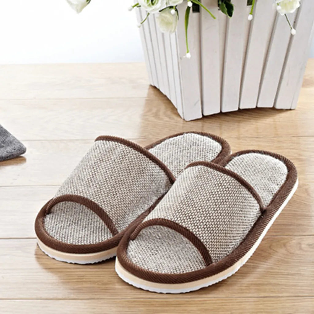 Men and women couple soft slippers Pure plain home linen slippers