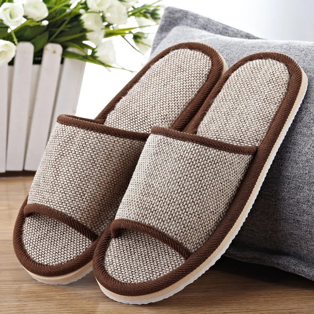 Men and women couple soft slippers Pure plain home linen slippers