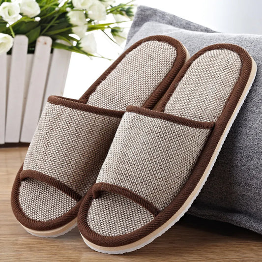 Men and women couple soft slippers Pure plain home linen slippers