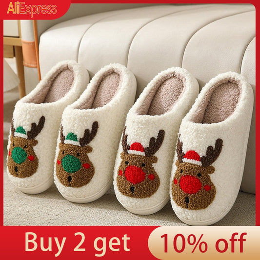 New Christmas Elk Cotton Slippers For Men Women Lovely Cartoon Home
