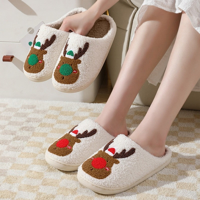 New Christmas Elk Cotton Slippers For Men Women Lovely Cartoon Home