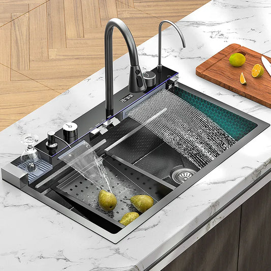 Stainless Steel Sink Smart kitchen Sink Large Cuba Waterfall Faucet