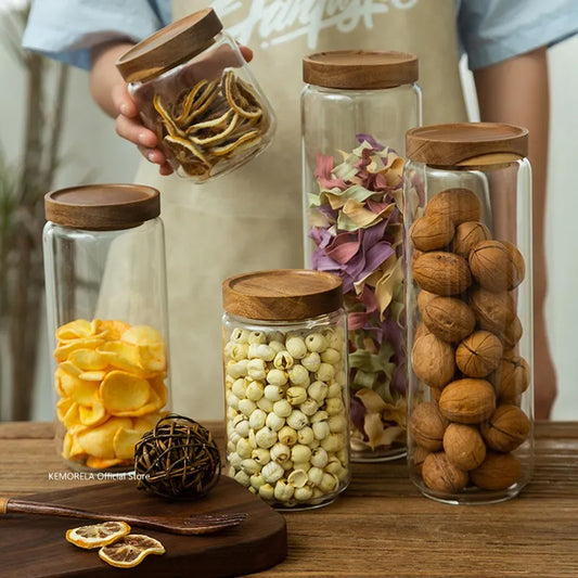 Wood Lid Glass Airtight Canister Kitchen Storage Bottles Jars Food