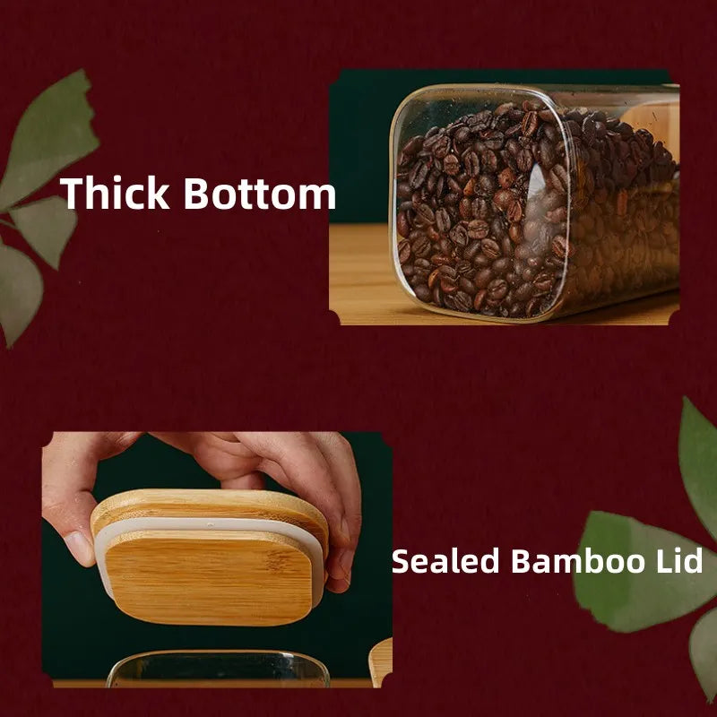 Square Glass Storage Jars with Bamboo Lid for Coffee Beans Grains
