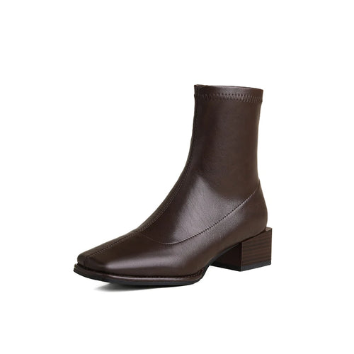 Square Toe Women Ankle Boots Flock Stretch Shoes Thin Mid Heels