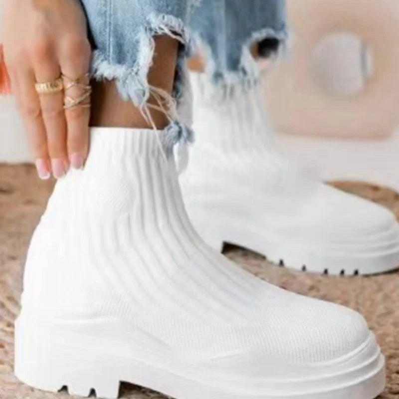Women Ankle Boots Knitted Sock Platform Female Slip-on Ladies Casual