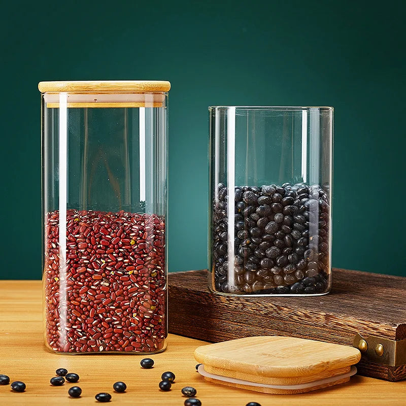 Square Glass Storage Jars with Bamboo Lid for Coffee Beans Grains