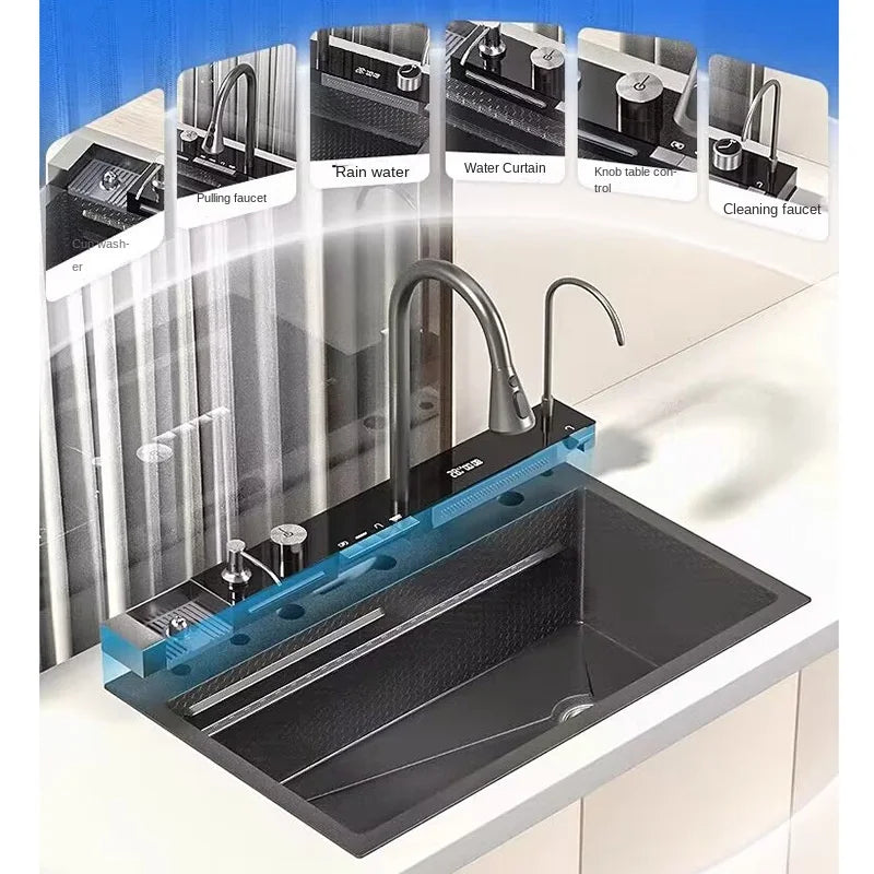 304 Stainless Steel Waterfall Kitchen Sink Large Single Slot
