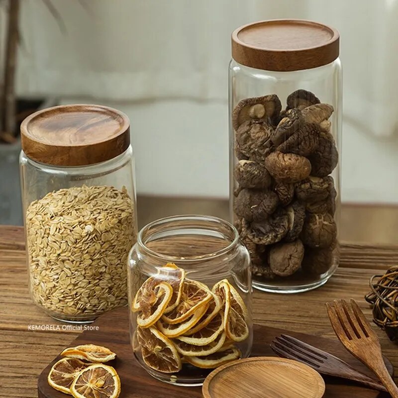 Wood Lid Glass Airtight Canister Kitchen Storage Bottles Jars Food