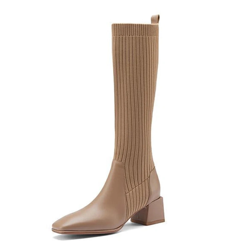 Women Mid Heels Shoes Chunky Knitting Chelsea Boots Fashion Winter