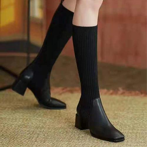 Women Mid Heels Shoes Chunky Knitting Chelsea Boots Fashion Winter