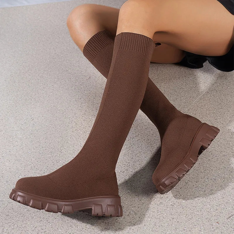 Knitted Stretch Sock Boots Platform Woman Knee High Boots Autumn