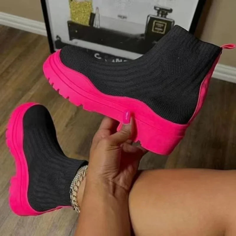 Women Ankle Boots Knitted Sock Platform Female Slip-on Ladies Casual
