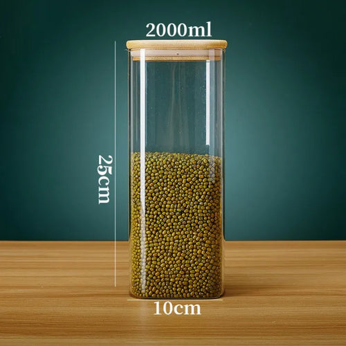 Square Glass Storage Jars with Bamboo Lid for Coffee Beans Grains