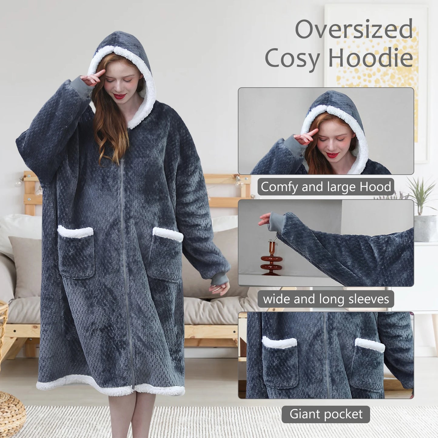 New Blanket Hoodie with Zipper Flannel Wearable Blanket Warm Cozy