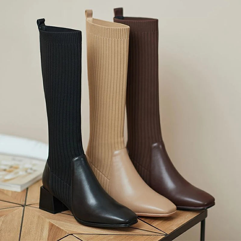 Women Mid Heels Shoes Chunky Knitting Chelsea Boots Fashion Winter