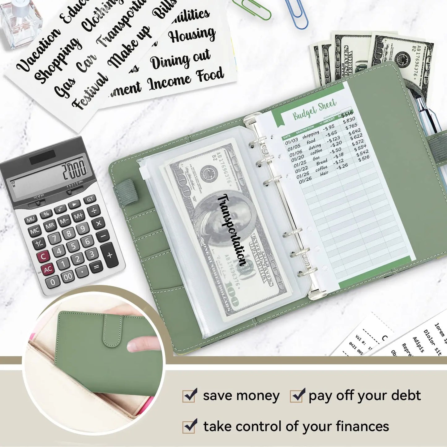 2023 Budget Binder A6 PU Leather Notebook Cash Envelopes System Set