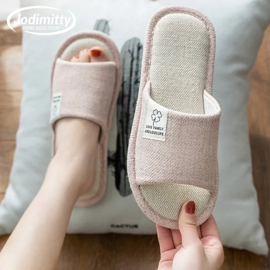 2024 Hot Linen Slippers Women Men Spring Autumn Home Flip Flops Thick