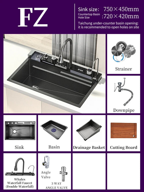 Stainless Steel Sink Smart kitchen Sink Large Cuba Waterfall Faucet