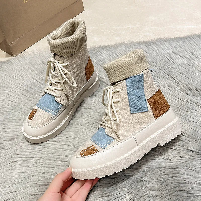 New Women's Boots Canvas Shoes Color Blocking Platform Boots Fashion
