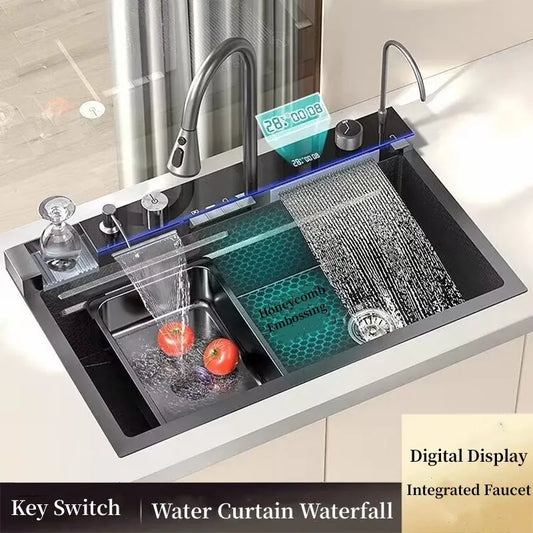 304 Stainless Steel Waterfall Kitchen Sink Large Single Slot