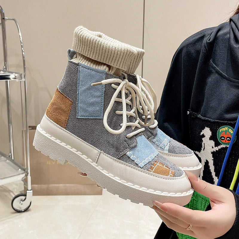 New Women's Boots Canvas Shoes Color Blocking Platform Boots Fashion